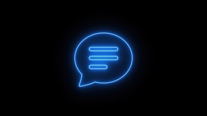 Glowing blue neon speech bubble icon on black background symbolizing communication and messaging.