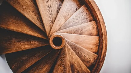 Stunning close-up of a spiral wooden staircase, showcasing rich, dark wood grain and craftsmanship.  Perfect for interior design or architecture projects.