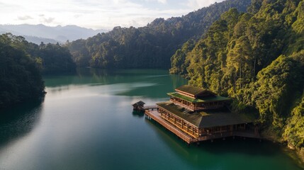 Serene lakeside resort nestled in lush green mountains. Tranquil escape, breathtaking view. Ideal for travel, tourism brochures.