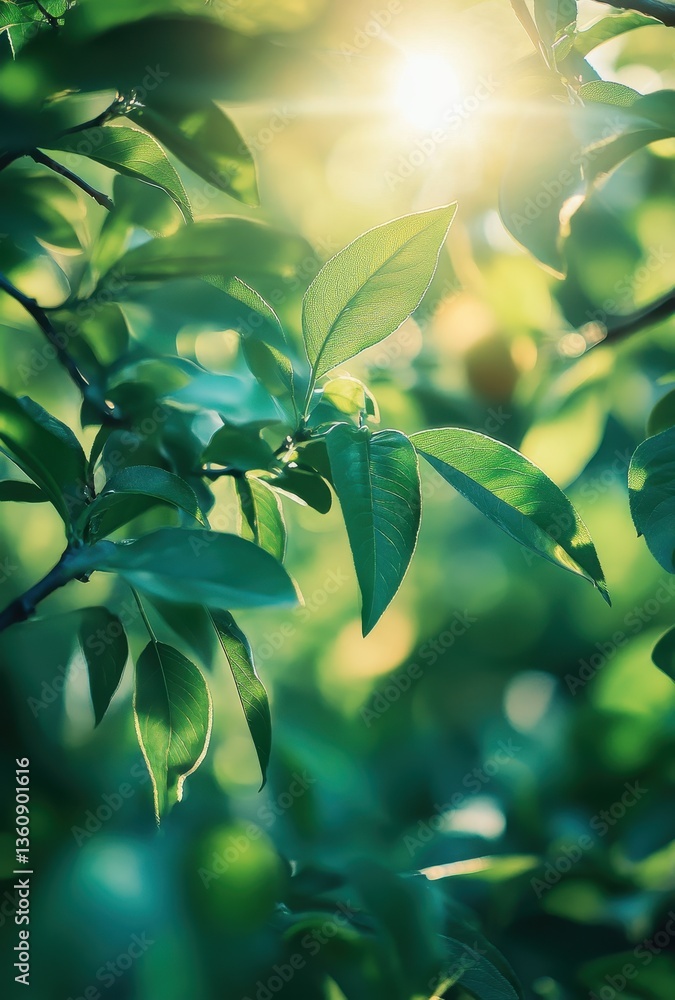 Poster sunlight filters through lush green leaves creating a serene natural background in a tranquil enviro