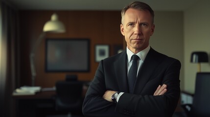 The image is a medium shot portrait of a middle-aged Caucasian man in a dark-colored business suit and tie. His arms are crossed over his chest. He has a serious expression on his face. The