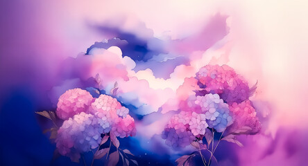 Fototapeta premium Dreamy pink and purple flowers blossom in a soft, cloud-like background. Gentle light enhances the artistic, peaceful floral arrangement.