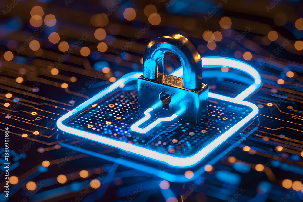Poster glowing blue padlock on circuit board with bokeh lights represents digital security, data protection
