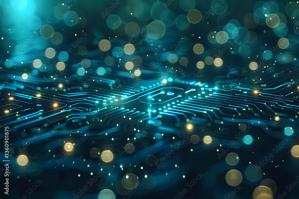 Poster glowing circuit board pattern with blue light trails and golden bokeh effects on dark background cre