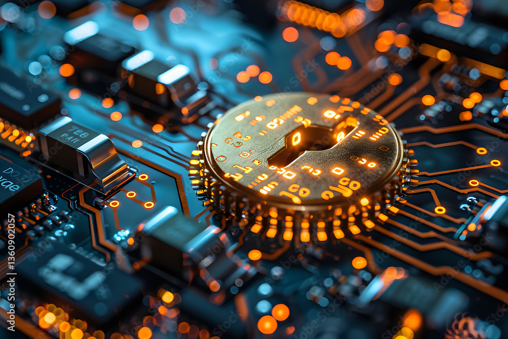 Aufkleber Bitcoin cryptocurrency coin on computer circuit board with glowing orange and blue elements. Close up macro view of electronic components.