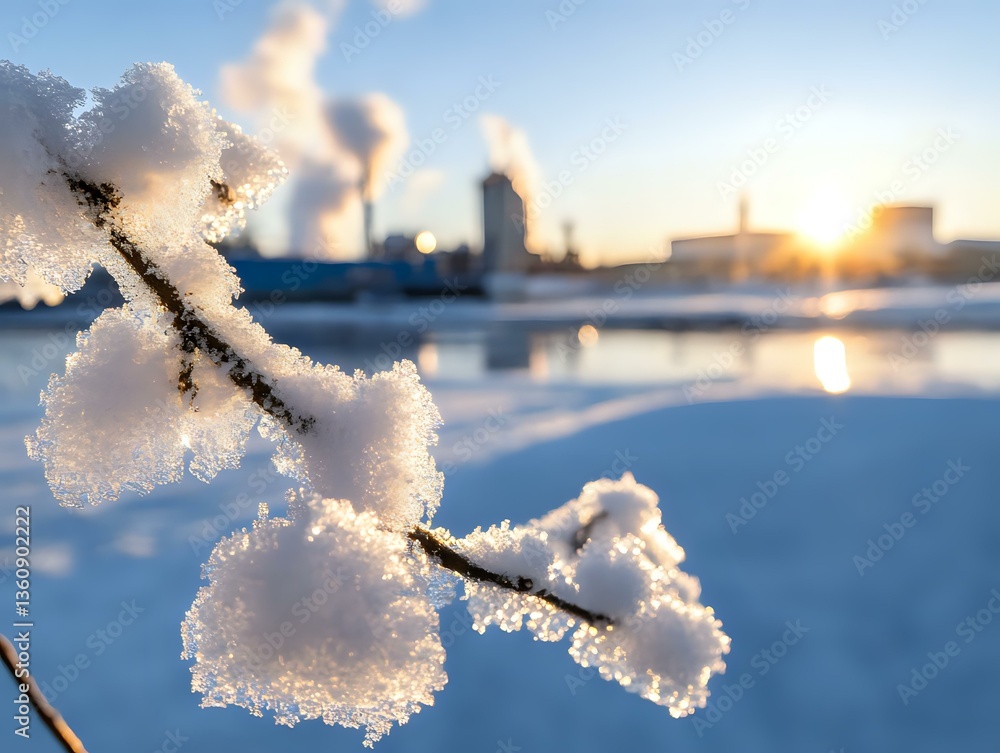 Poster snow-covered branch with crystalline frost formations against blurred urban winter cityscape and set