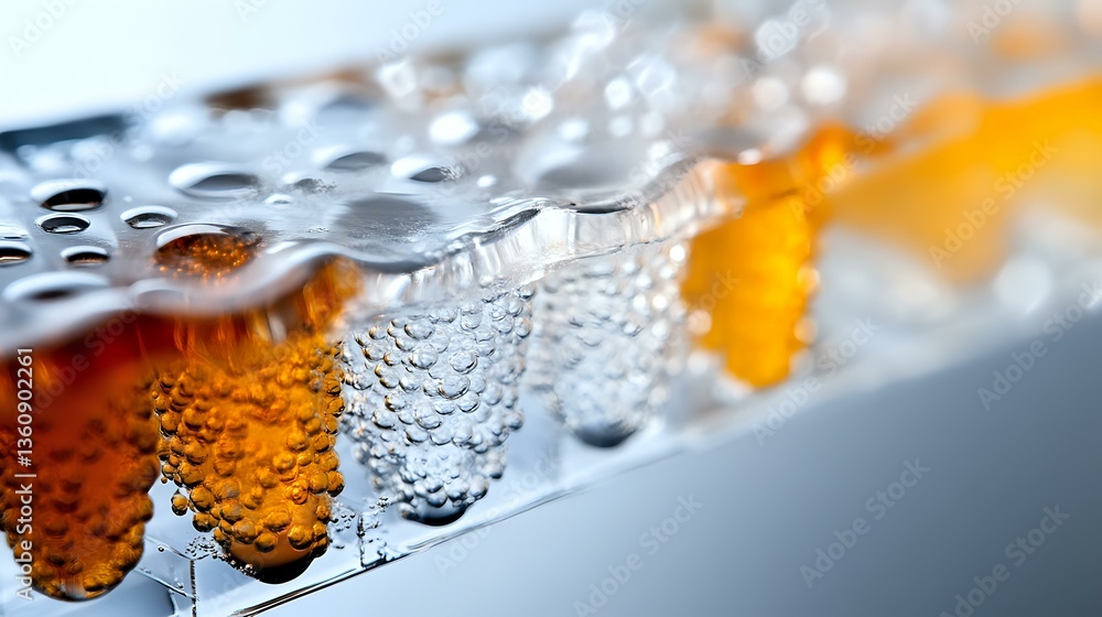 Poster macro shot of condensation droplets on glass surface with amber liquid behind, creating abstract pat