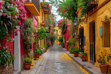 Obraz premium Narrow cobblestone street lined with colorful buildings and lush green plants in flower pots.