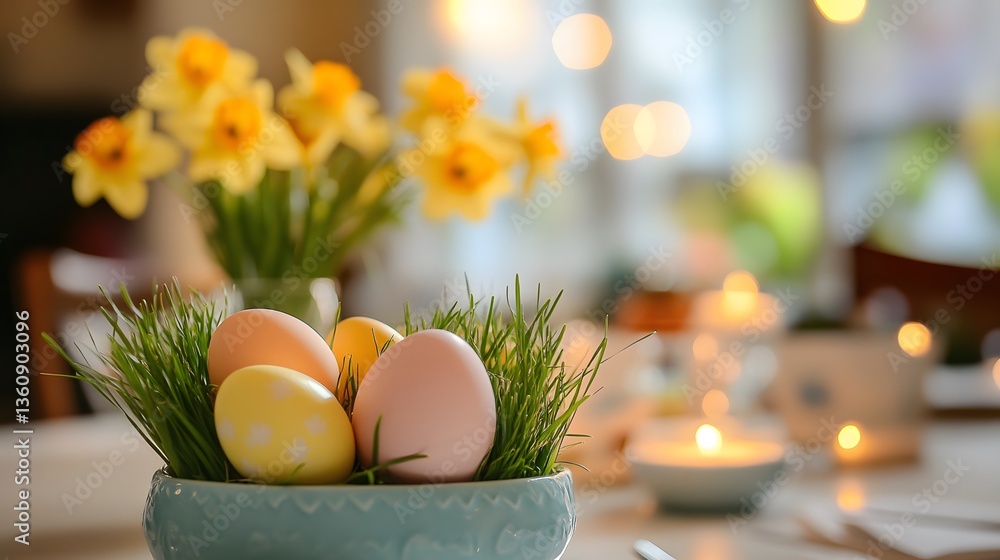 Poster easter eggs nest with daffodils and lit candles creating festive atmosphere