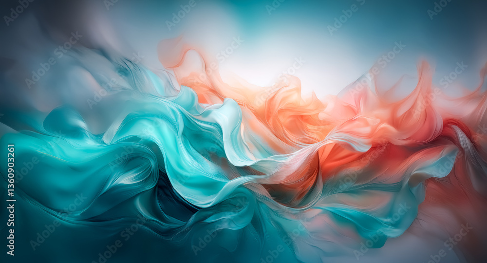 Poster abstract image featuring swirling teal and orange hues blending together in a fluid motion. the colo