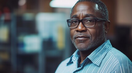 Obraz premium Close-up portrait of a senior African American man wearing glasses. The image features a shallow depth of field, with the subject in sharp focus against a blurred background of bookshelves or similar