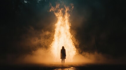 Silhouette of a Woman Standing Before a Large Fiery Blaze in a Dark Forest at Night