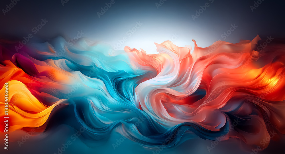 Poster abstract swirl of vibrant colors, blending smoothly from warm oranges and reds to cool blues and pur