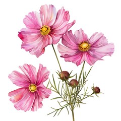 Watercolor Pink Cosmos Isolated on White Background. Beautiful Cosmos Flower