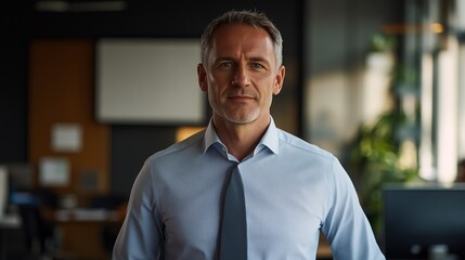Fototapeta premium A close-up, shallow depth of field portrait of a middle-aged man with short graying hair. He is wearing a light blue, long-sleeved button-down shirt and a dark-colored tie. His expression is serious