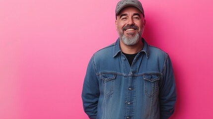 Fototapeta premium A medium shot depicts a middle-aged man with graying hair and a beard, wearing a denim shirt and a baseball cap. His hands are in his pockets. He's smiling broadly, demonstrating a joyful expression.