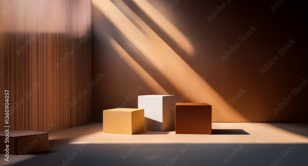 Poster minimalist scene featuring three cubes of varying colors arranged under soft, angled light casting l