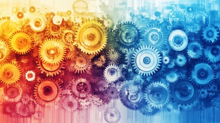 Colorful gears interlock, showing complex machinery and system.