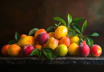 Vibrant Arrangement of Fresh Peaches and Apricots on Dark Background with Green Leaves for Culinary and Decorative Purposes
