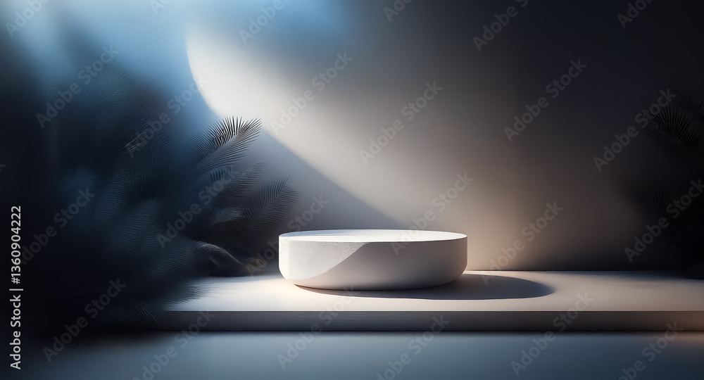 Poster a minimalist white podium stands in a spotlight against a softly blurred, dark background with subtl