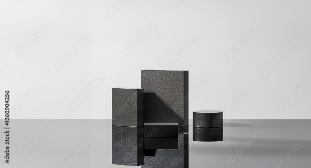 Poster geometric shapes, cubes and rectangles, are arranged on a reflective surface against a plain white b