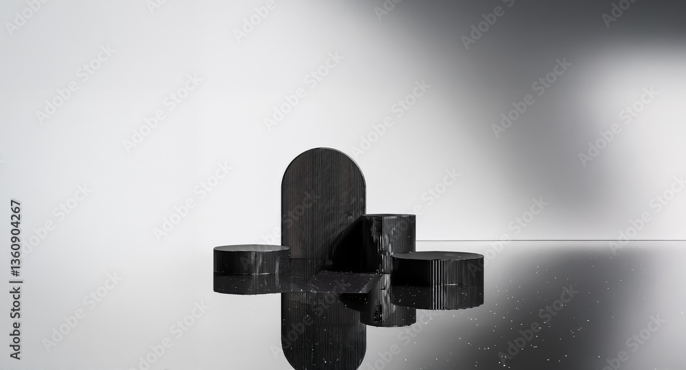 Poster dark geometric sculpture with cylindrical and oval shapes stands on a reflective surface, contrastin