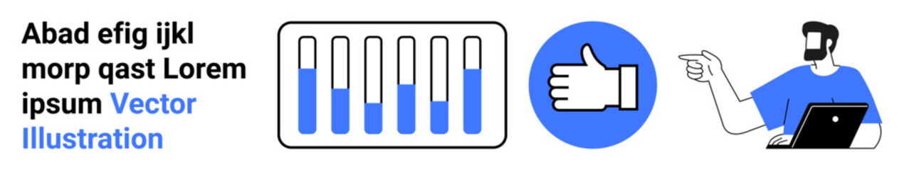 Progress bars, thumbs-up approval, and a person pointing while working on a laptop. Ideal for productivity, teamwork, remote work, feedback, analytics, workflow user interaction flat landing page