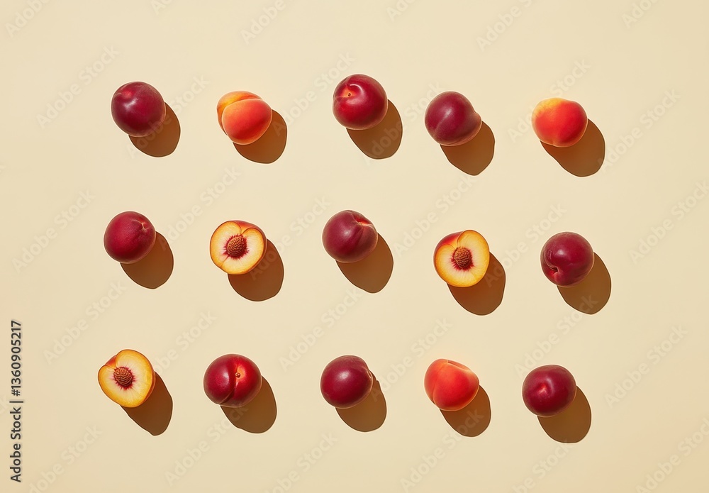Poster vibrant collection of plump plums and juicy peaches on soft yellow surface with shadows creating vis