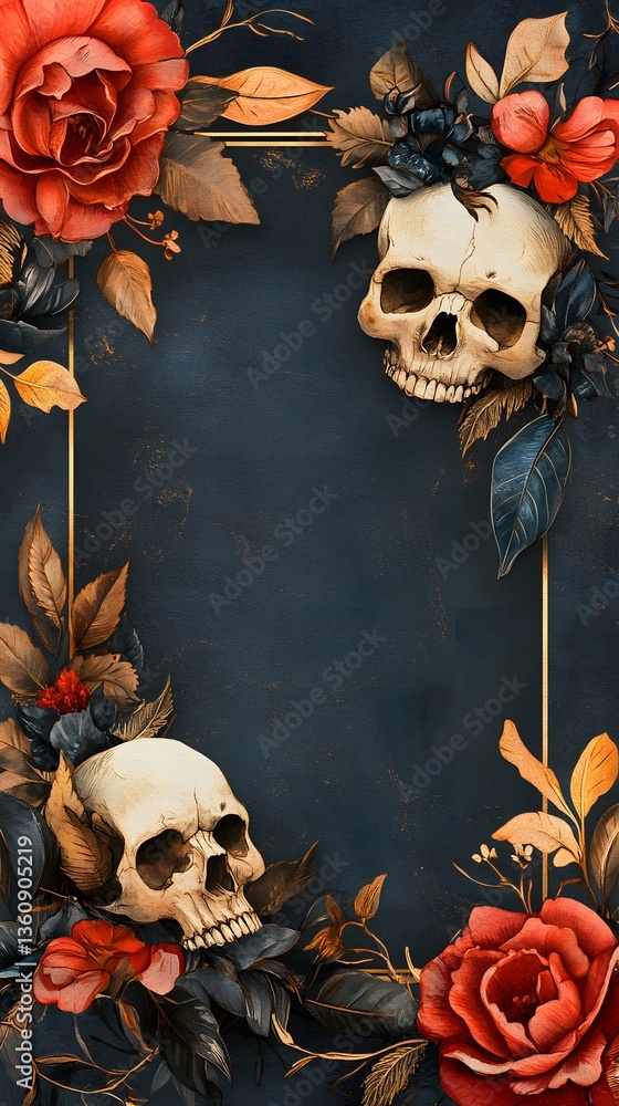Poster golden frame with skulls and flowers creating a dark romantic atmosphere