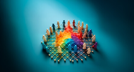 Diverse figures stand on a connected grid around a vibrant rainbow center. Symbolizing unity, community, and colorful collaboration in a structured network.