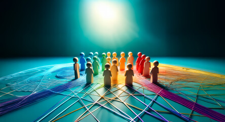 Group of figures stand on a sphere, linked by colorful lines under a bright light. Represents connection and global network.