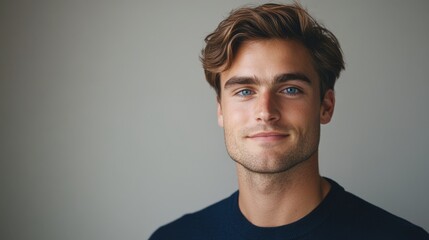 Obraz premium Young caucasian male with blue eyes and brown hair smiling confidently