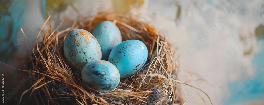 Poster easter eggs with a blue and gold marble effect resting in a bird's nest