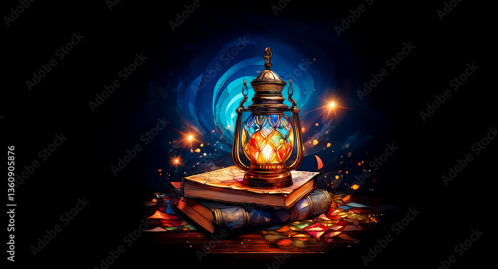 Poster a vintage lantern illuminates stacked books in a dark setting, surrounded by magical glowing sparks 