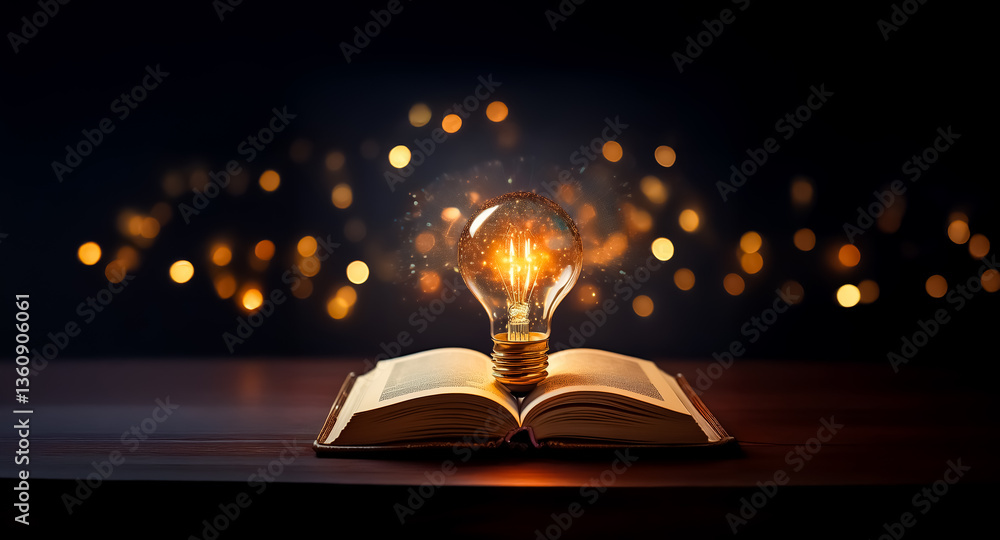 Poster a bright lightbulb illuminates an open book on a wooden surface against a dark backdrop with soft bo
