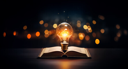 Illuminated light bulb glows atop an open book against a dark backdrop with bokeh lights. Symbolizing idea and knowledge.