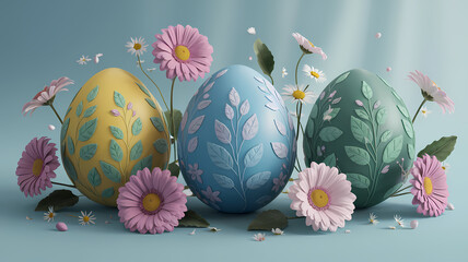 Serene artistic arrangement of colorful Easter eggs, intricate floral patterns surrounded by delicate pink and white daisies placed on soft blue background capturing the elegance and joy of the Easter