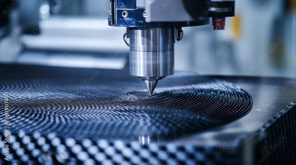 Fototapete close-up of precision machining process on a circular metallic component.