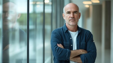 Fototapeta premium Confident mature caucasian male standing with arms crossed indoors