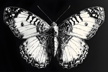 Butterfly with its wings spread wide, highlighting the symmetrical pattern and delicate texture, black and white colors highlight the natural beauty