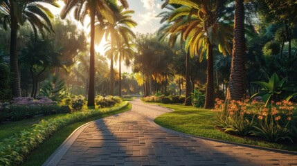 Obraz premium Sunlit Tropical Pathway Through Lush Greenery and Palm Trees Ideal for Nature Travel and Rel