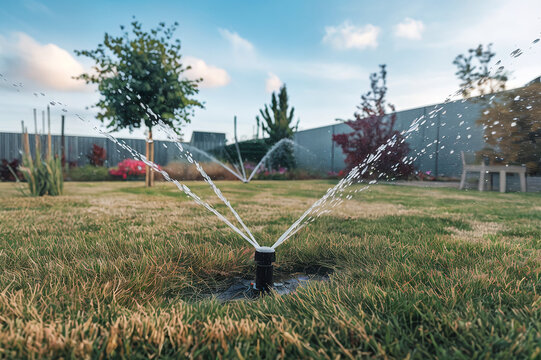 irrigation sprinkler in field on the backyard 