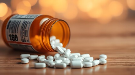 Pills Spill: Prescription Medication on Wood Grain.