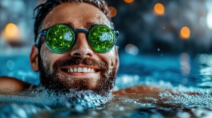 Fototapeta premium A happy man submerged in clear water wears playful green sunglasses, representing enjoyment and the blissful moments of life despite surrounding chaos and challenges.