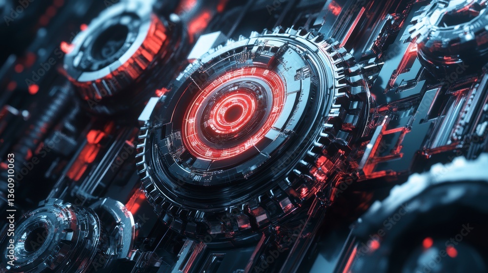 Poster abstract futuristic technology background with glowing red and blue mechanical gears.