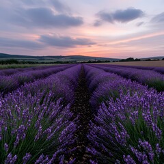 Naklejka premium Lavender field sunrise, rows, countryside, tranquil, calm, summer