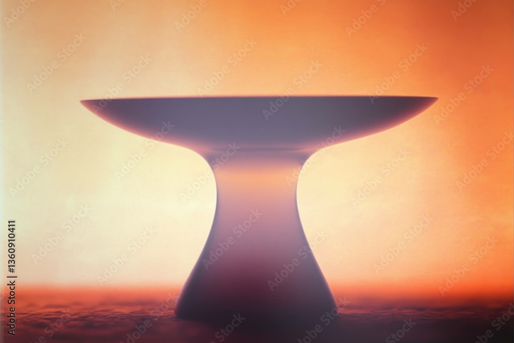Poster minimalist modern table design with a unique shape, featuring a glossy finish and set against a warm
