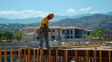 Construction workers from Mexico are diligently framing a residential building, showcasing teamwork and skill under clear skies