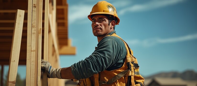 Construction workers of Mexican descent actively work on a residential building project, demonstrating skill and collaboration in warm weather