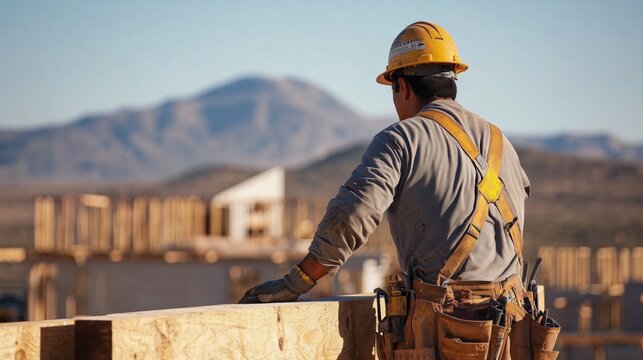 Construction workers collaborate on a residential site, utilizing tools and materials as they create new homes in a vibrant, sunny landscape